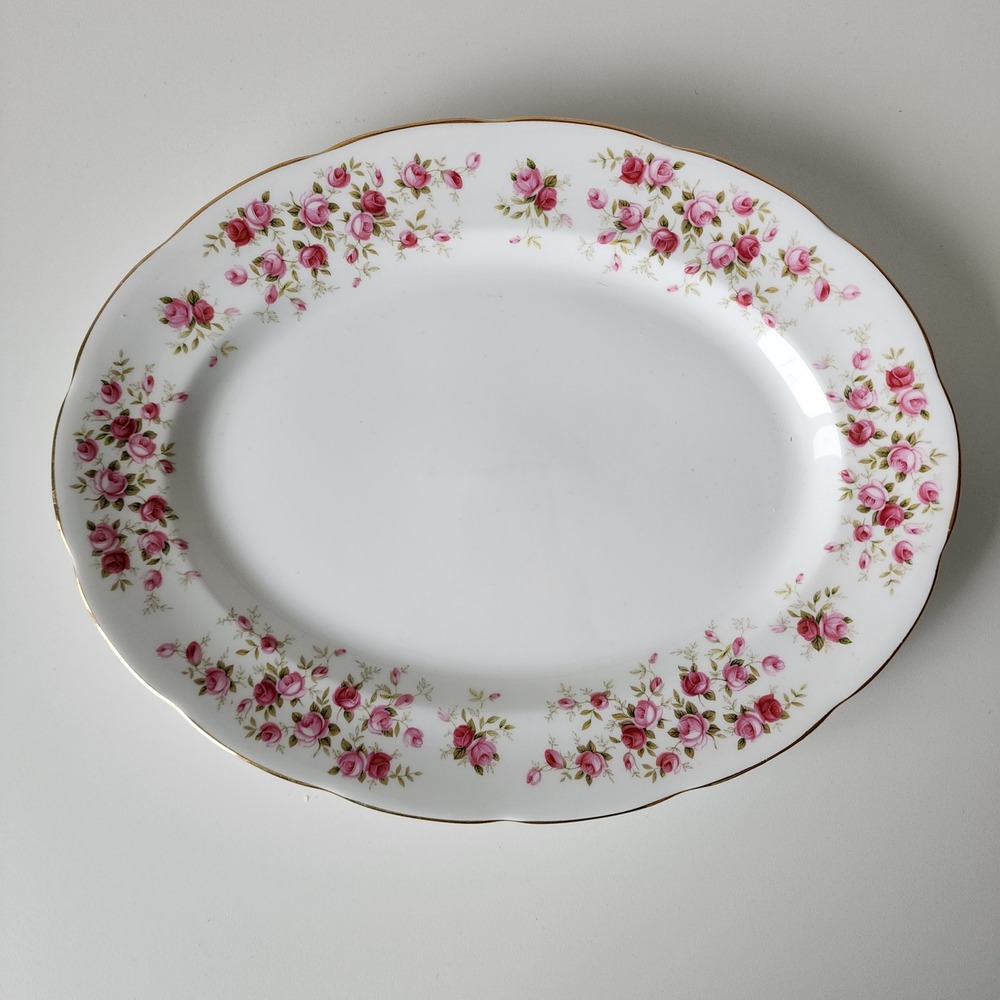 Queen Anne Cascade Roses Serving Platter Oval‎ White Pink Floral Gold Trim 8636